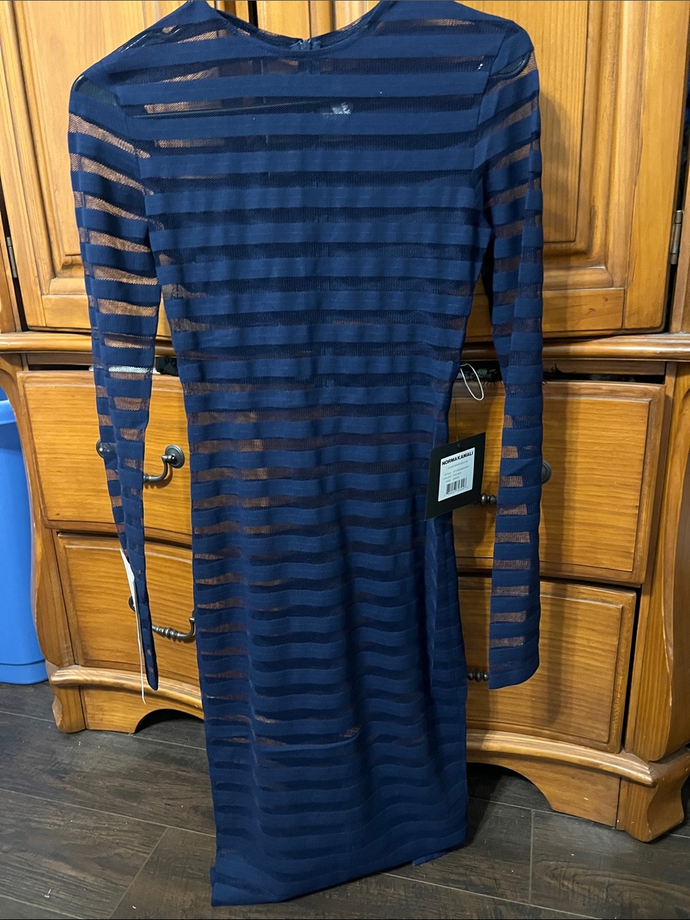 Norma Kamali Navy Sheer Stripe Long Sleeve Bodycon Dress